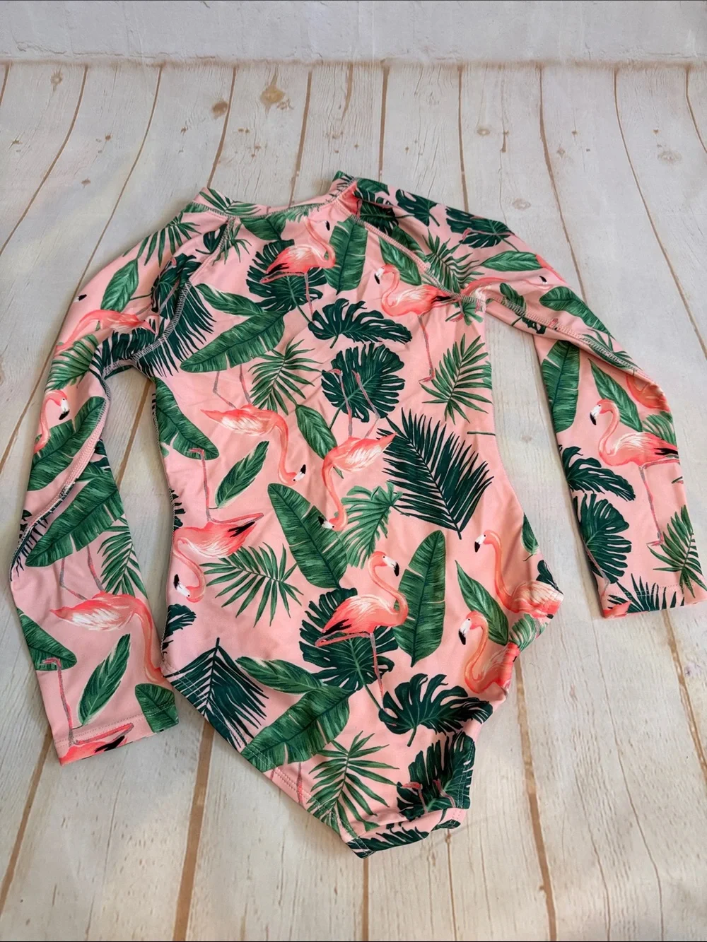 Old Navy Girls' Pink Flamingo & Green Leaf Long-Sleeve One-Piece Swimsuit